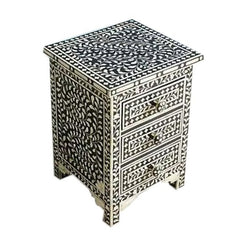 Maaya Bone Inlay Bedside Cabinet Table Black Floral