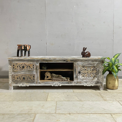 Mandala Hand Carved Indian Solid Wood TV Unit Whitewash 150x40x50cm