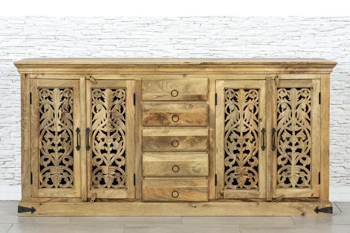 Antique Indian Jali Hand Carved Solid Wooden Sideboard Natural 183x40x90cm A0242