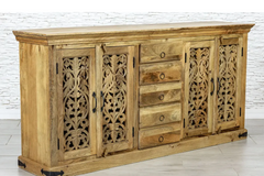 Antique Indian Jali Hand Carved Solid Wooden Sideboard Natural 183x40x90cm A0242