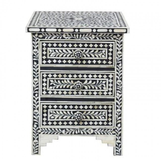 Maaya Bone Inlay Bedside Cabinet Table Black Floral