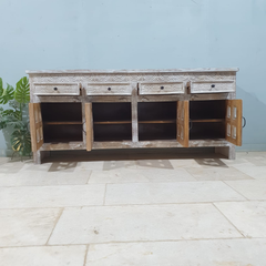 Handmade Carved Indian Mango Wood 4 Drawers 4 Doors Sideboard Whitewash