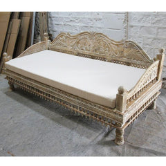 Mughal Garden Hand Carved Peacock Daybed Limewash