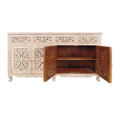Indian Handmade Solid Wood 4 Drawers & Doors Carved Sideboard