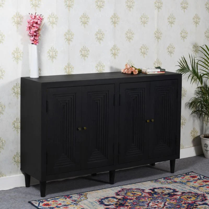 Handmade Indian Hand Carved Solid Hard Wood Stepwell Four Door Sideboard Black