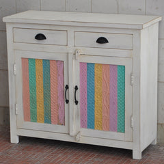 Rainbow Block Print Reclaimed boat wood Small Sideboard Buffet Carved doors