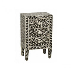 Maaya Bone Inlay Bedside Cabinet Table Black Floral