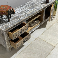 Mandala Hand Carved Indian Solid Wood TV Unit Whitewash 150x40x50cm