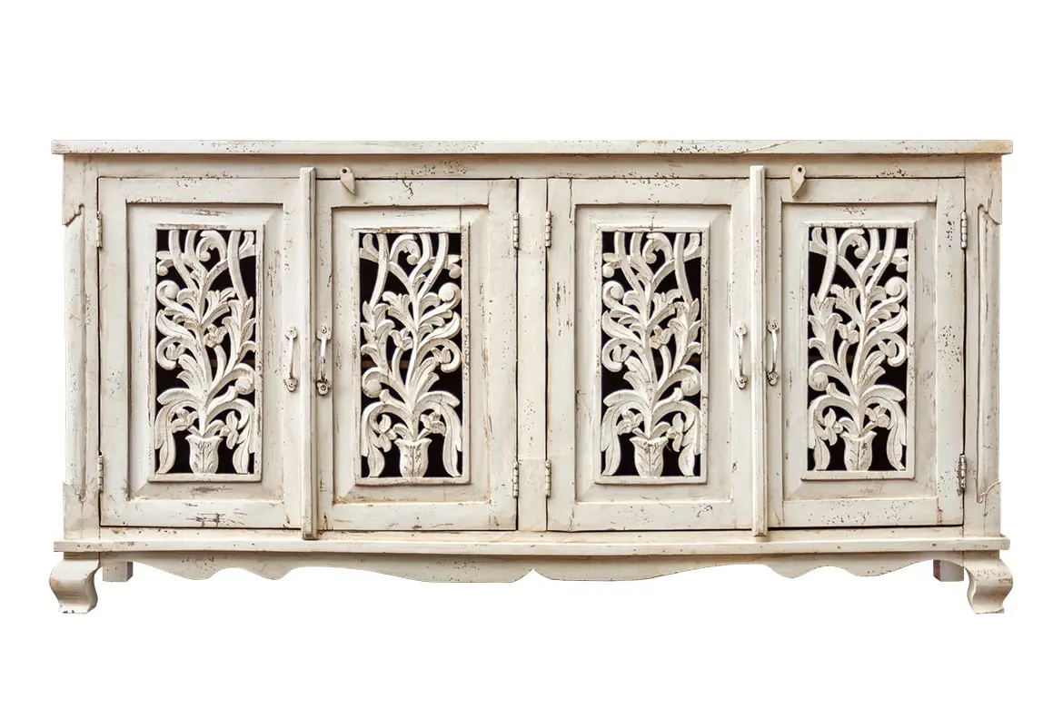 Antique Indian Jali Hand Carved Solid Wooden Sideboard Whitewash 180x40x89cm A0269