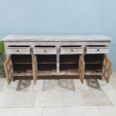 Handmade Carved Indian Mango Wood 4 Drawers 4 Doors Sideboard Whitewash