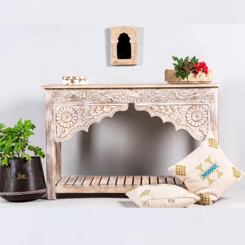 Mehrab Wooden Carved Entryway Console Table White