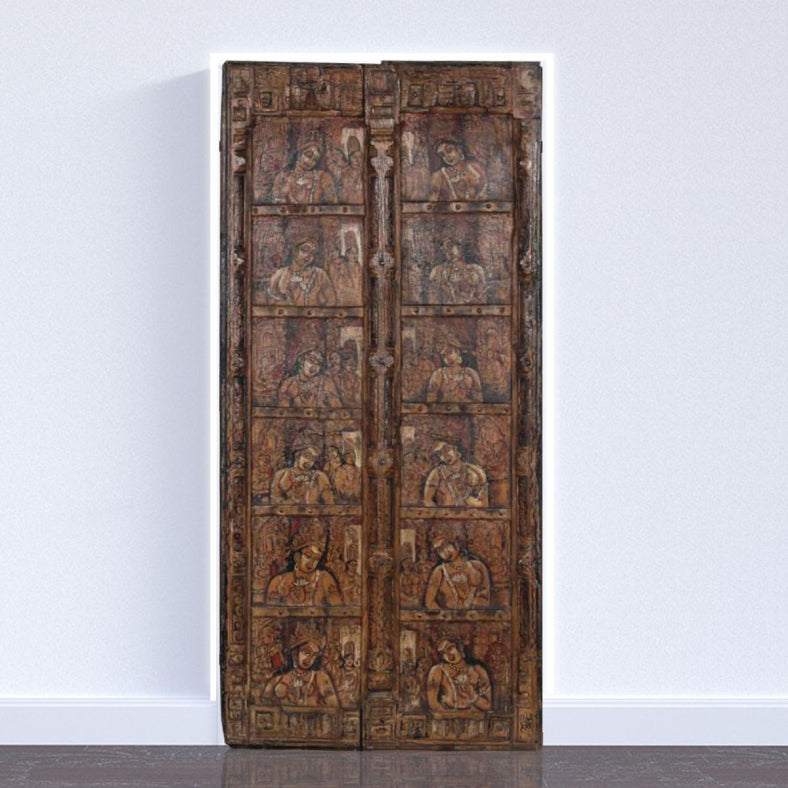 Mughal Hand Painted Reclaimed Wood Door Panel 06
