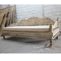 Mughal Garden Hand Carved Peacock Daybed Limewash