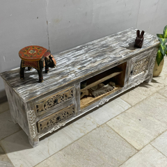 Mandala Hand Carved Indian Solid Wood TV Unit Whitewash 150x40x50cm