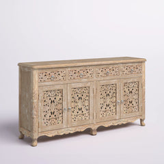 Indian Handmade Solid Wood 4 Drawers & Doors Carved Sideboard