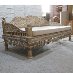 Mughal Garden Hand Carved Peacock Daybed Limewash