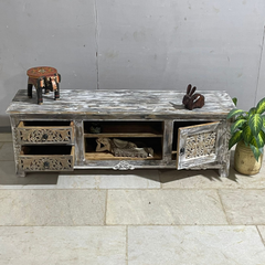 Mandala Hand Carved Indian Solid Wood TV Unit Whitewash 150x40x50cm