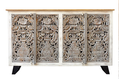 Antique Indian Jali Hand Carved Solid Wooden Sideboard Greywash 160x40x97cm A0282