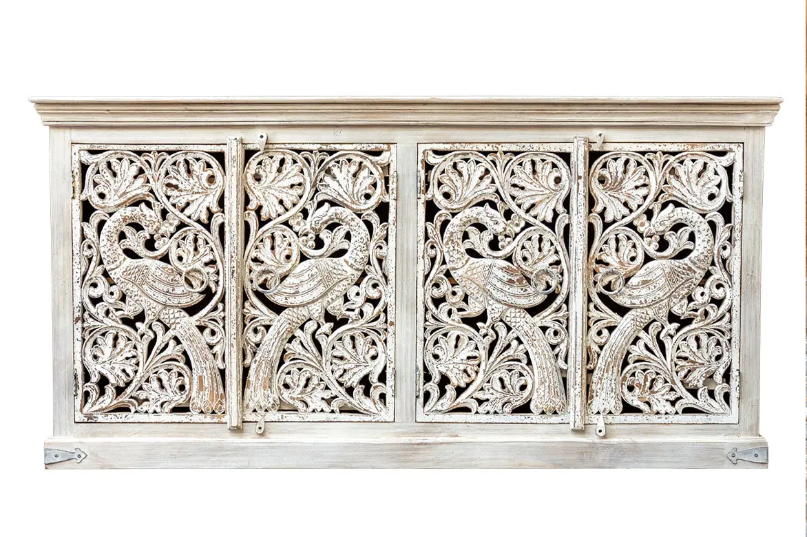 Antique Indian Jali Hand Carved Solid Wooden Sideboard Whitewash 180x40x90cm A0283