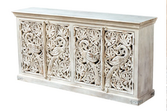 Antique Indian Jali Hand Carved Solid Wooden Sideboard Whitewash 180x40x90cm A0283