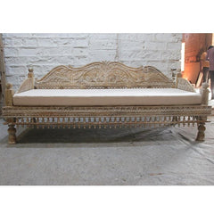 Mughal Garden Hand Carved Peacock Daybed Limewash