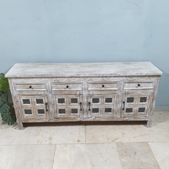 Handmade Carved Indian Mango Wood 4 Drawers 4 Doors Sideboard Whitewash