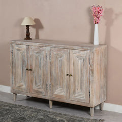 Handmade Indian Hand Carved Solid Hard Wood Stepwell Four Door Sideboard White Wash