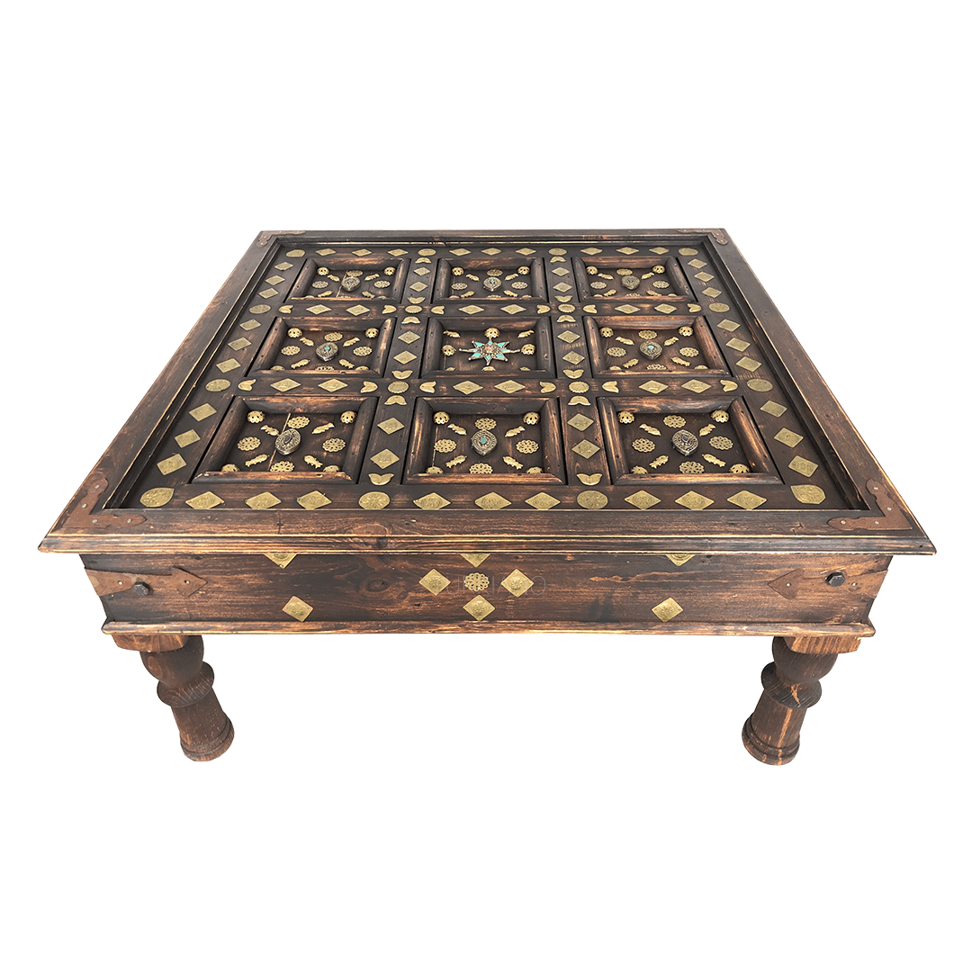 Indian Antique Brass Work Solid Wood Coffee Table C43