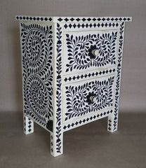 Maaya Bone Inlay Bedside Cabinet Table Black Floral