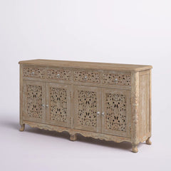 Indian Handmade Solid Wood 4 Drawers & Doors Carved Sideboard