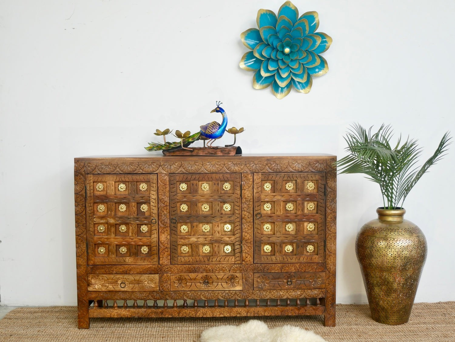 Brass Work Hand Carved Solid Wooden Sideboard Buffet 150x100x40cm BW0163  -  