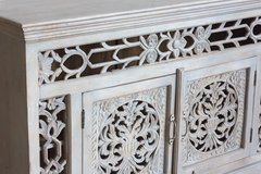 Antique Indian Jali Hand Carved Solid Wooden Sideboard Whitewash 150x40x89cm A0297