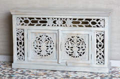 Antique Indian Jali Hand Carved Solid Wooden Sideboard Whitewash 150x40x89cm A0297