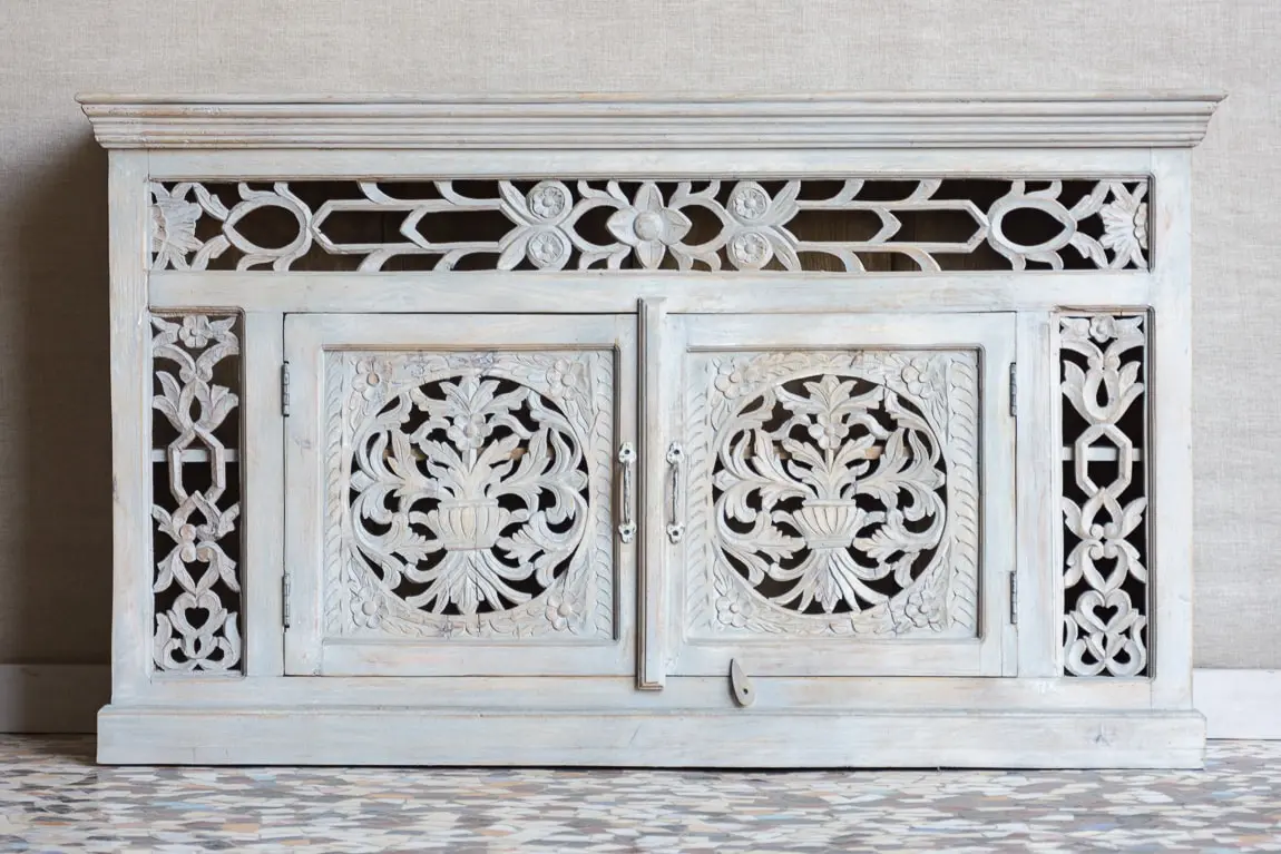 Antique Indian Jali Hand Carved Solid Wooden Sideboard Whitewash 150x40x89cm A0297