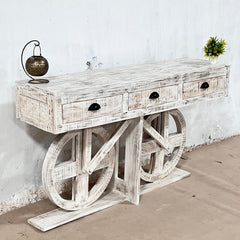 Indian Handmade Carved Solid Hard Wood Mehrab Style Console Hall Table with Drawers White 150x40x85Cm