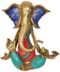 Indian Lord Ganesha Handmade Brass Statue With Inlay Work