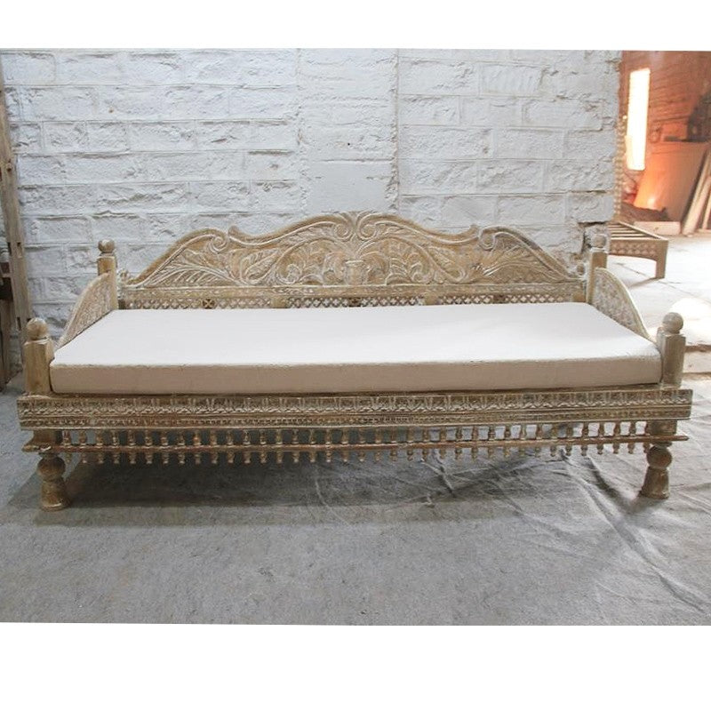 Mughal Garden Hand Carved Peacock Daybed Limewash