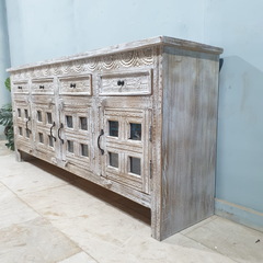 Handmade Carved Indian Mango Wood 4 Drawers 4 Doors Sideboard Whitewash