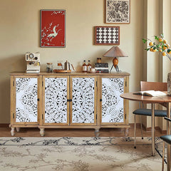 Indian Handmade Solid Wood 4 Doors Carved Sideboard