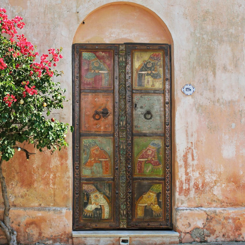 Mughal Hand Painted Reclaimed Wood Door Panel 07