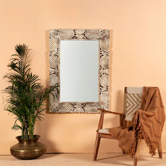 Carved Oasis Hand Carved Mango Wood Floral Carving Mirror Frame Distressed White