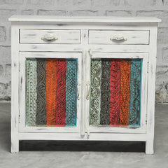 Rainbow Block Print Reclaimed boat wood Small Sideboard Buffet Carved doors