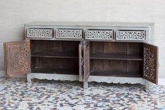 Antique Indian Jali Hand Carved Solid Wooden Sideboard Greywash 180x45x90cm A0306