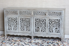 Antique Indian Jali Hand Carved Solid Wooden Sideboard Greywash 180x45x90cm A0306