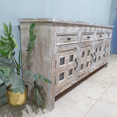 Handmade Carved Indian Mango Wood 4 Drawers 4 Doors Sideboard Whitewash