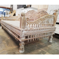 Mughal Garden Hand Carved Peacock Daybed Limewash