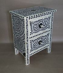 Maaya Bone Inlay Bedside Cabinet Table Black Floral