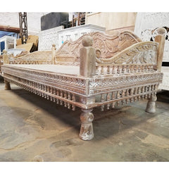 Mughal Garden Hand Carved Peacock Daybed Limewash