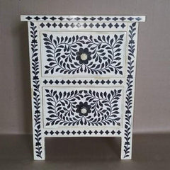 Maaya Bone Inlay Bedside Cabinet Table Black Floral