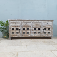 Handmade Carved Indian Mango Wood 4 Drawers 4 Doors Sideboard Whitewash